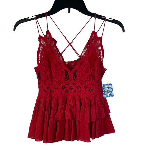 Free People Intimately Large Adella Cami Top Cherry Red Ruffled Crochet Lace - Picture 2 of 8